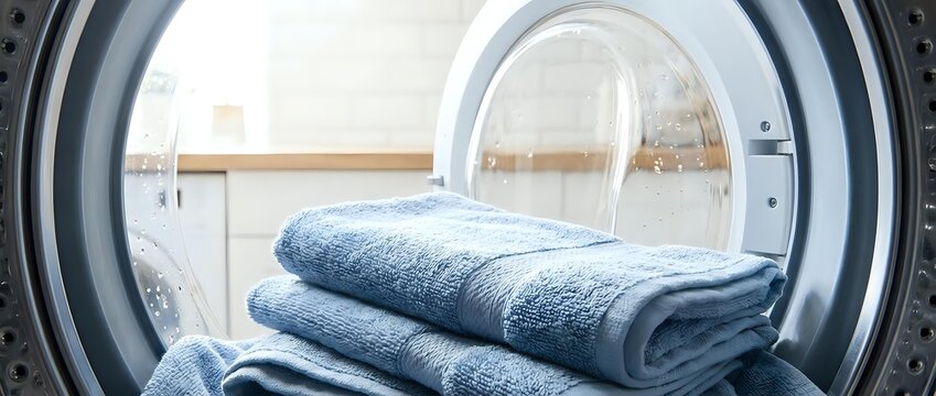 Fresh clean blue towels stacked inside modern washing machine drum after laundry cycle. Household chores and domestic cleaning concept for home care advertisements.