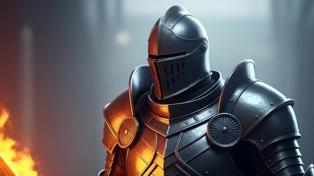 Mystical knight with fire sword, Medieval fighter in dark armor, battle ready knight imagery