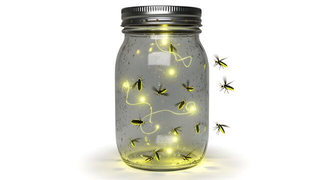 A glass mason jar with a black lid containing fireflies and string lights on a white background