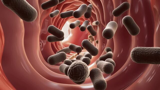 Inside intestine, healthy bacteria moving in balance,
processed particles enter, harmful bacteria increase rapidly, good bacteria decrease
