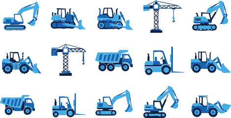 Construction vehicles and heavy equipment vector set with excavators, cranes, loaders and dump trucks, industrial machinery illustration collection © MdSobuj