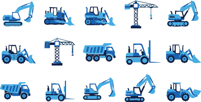 Construction vehicles and heavy equipment vector set with excavators, cranes, loaders and dump trucks, industrial machinery illustration collection