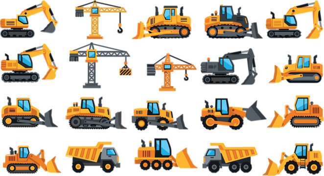 Construction vehicles and heavy machinery vector set with excavators, bulldozers, cranes, loaders and dump trucks, industrial equipment illustration