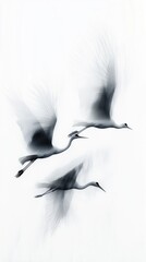 Fototapeta premium Three cranes soar against a white background with a grey gradient, conveying the grace of their movement and blending perfectly into minimalist or oriental-inspired settings.