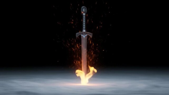 Mystical sword animation surrounded by flames and glowing embers on gray surface
