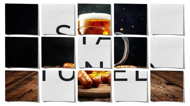 Beer and sausages animation with sticky notes revealing stay tuned message. Concept of seasonal marketing teaser, festival advertising, food branding and creative stop motion campaign.