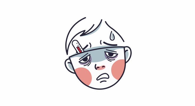 Tired face with thermometer, sweat, and flushed cheeks