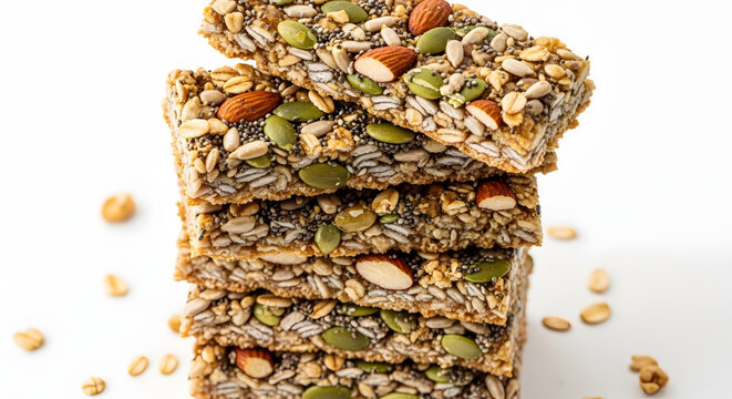A stack of homemade granola bars made with nuts and seeds on a white background