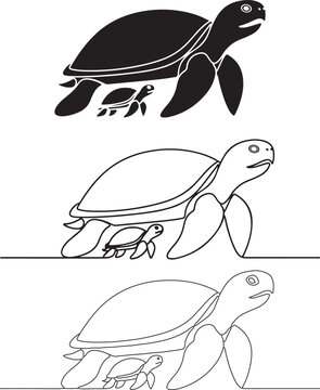 Three sea turtles and their hatchlings in different line styles and colors  simple illustrations [Converted].eps