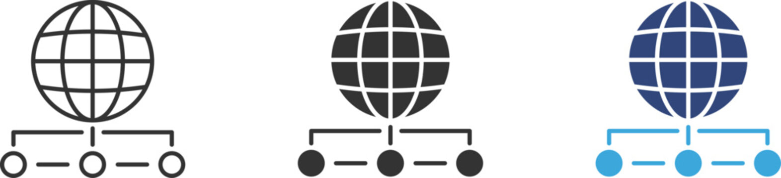 Global network icons set, World connection symbols, Internet structure icons, Network hierarchy collection