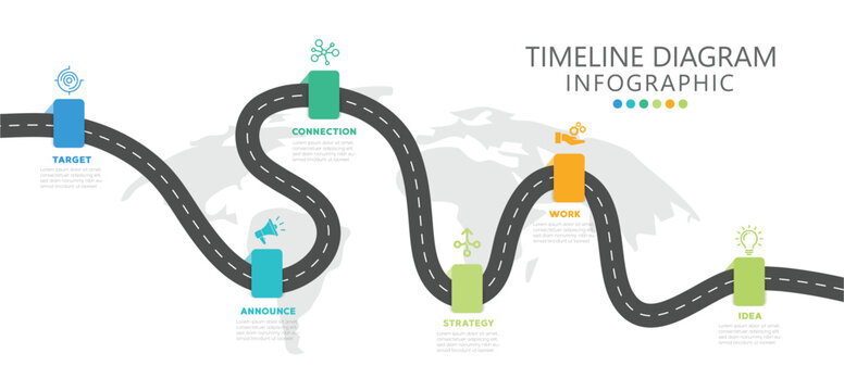 Infographic template for business. 6 Steps Modern Timeline diagram with road journey concept, presentation vector infographic. Vector illustration. eps 10