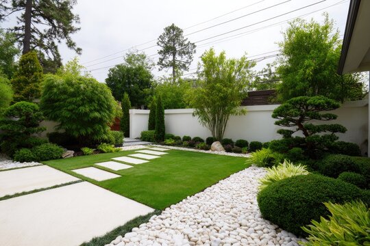 Outdoor landscaped garden with green lawn, white stepping stones, gravel, and diverse plants