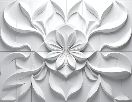 A symmetrical, white floral design composed of layered, curved petals and leaves, creating a 3D effect across tile squares