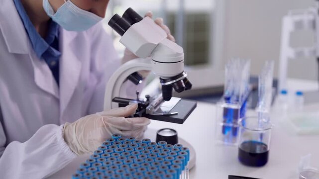 Asian adult woman scientist researcher placing glass slide on microscope preparing for laboratory analysis research experiment medical science lab environment