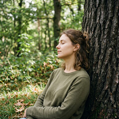 Obraz premium Close-up of a peaceful young woman resting and leaning against a large tree trunk in a park; serene facial expression, eyes closed, enjoying nature and tranquility