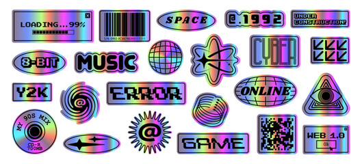 Retro Y2K aesthetic sticker set, holographic acid graphics elements with Web 1.0 interface, vintage 90s digital icons, loading bar, error message and iridescent shapes © Яна 