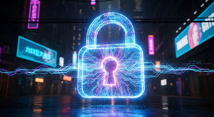 Obraz premium A glowing neon padlock symbolizing digital security and cyber protection in a futuristic city.