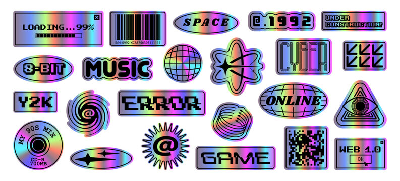 Retro Y2K aesthetic sticker set, holographic acid graphics elements with Web 1.0 interface, vintage 90s digital icons, loading bar, error message and iridescent shapes