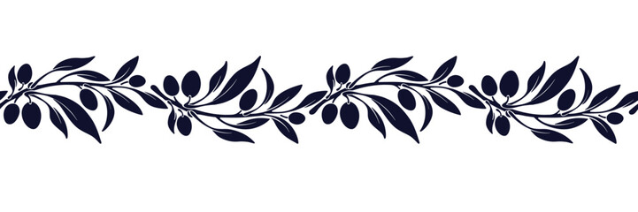 Olive branch seamless border. Vector ornamental geometric pattern. Classic mediterranean repeat strip for nature food design, organic wallpaper in minimalist silhouette style. © Yauheniya_Bandaruk