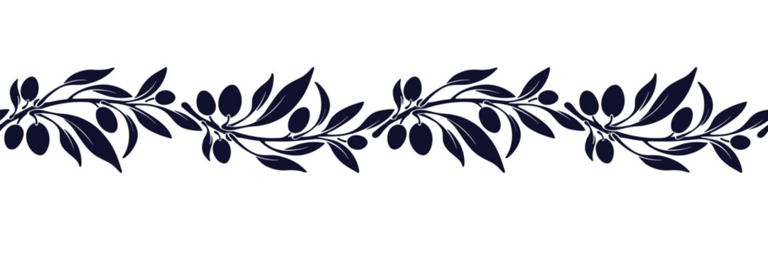 Olive branch seamless border. Vector ornamental geometric pattern. Classic mediterranean repeat strip for nature food design, organic wallpaper in minimalist silhouette style.