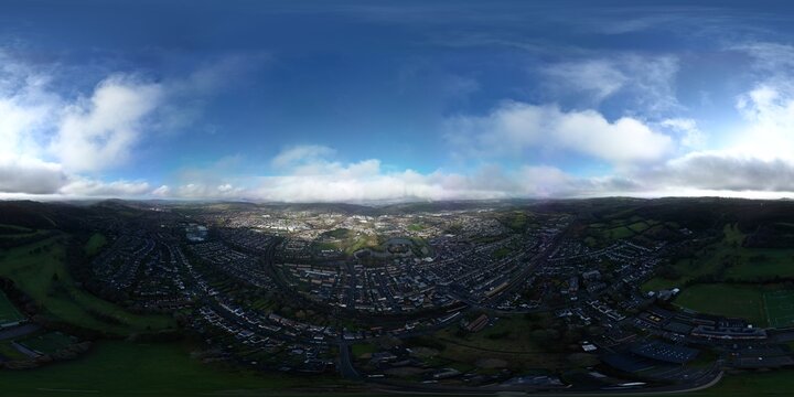 360‑Degree Aerial Panorama of Caerphilly Castle, Wales