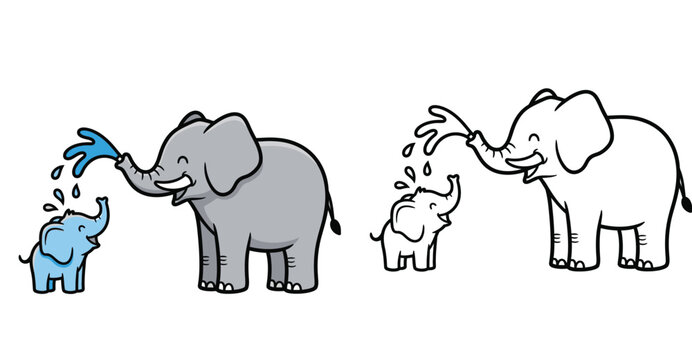 Cute Cartoon Elephant Family Spraying Water Illustration and Line Art Outline for Coloring Page