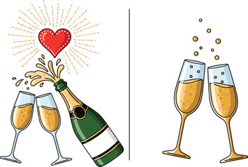 Cartoon Champagne Celebration Set with Popping Bottle Sparkling Glasses Heart and Toasting Flutes Bubbles Festive Vector Illustration © MstRozinaAkter