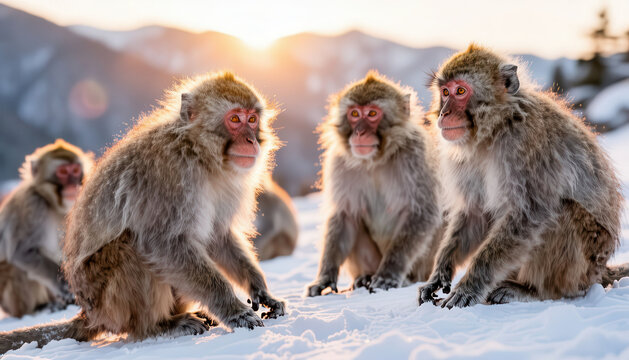 Four monkeys sit on the snow, their fur soft against the bright sunlight. The monkeys watch their surroundings, relaxed in the snowy mountain scene with a glowing sunset.