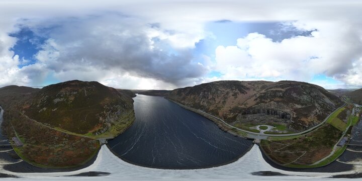 360‑Degree Aerial Panorama of Caban Coch Dam, Elan Valley, Wales