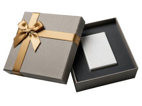 Elegant gift box with gold ribbon and open lid isolated on transparent background
