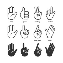Fototapeta premium Hand Gesture Icon Set in Outline and Solid Style Featuring Stop, Thumbs Up, Victory, Perfect, Pointing and Hello Signs for UI and Communication Design