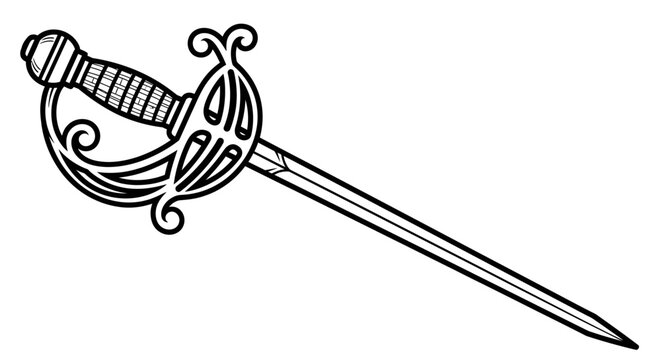 Full Length Ornate Historical Rapier Sword in Black Outline on Isolated White Background