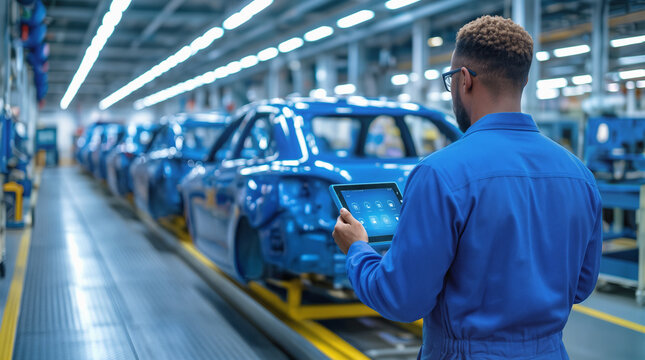 Automotive assembly line worker using digital tablet to monitor production. Quality control specialist inspecting blue car frames in modern manufacturing plant.