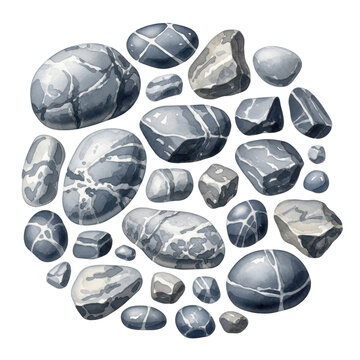 Watercolor ink and wash illustration of heterogeneous river stones and gray rock fragments, dry brush texture rendering, isolated on studio white background, concept of elegant scientific study