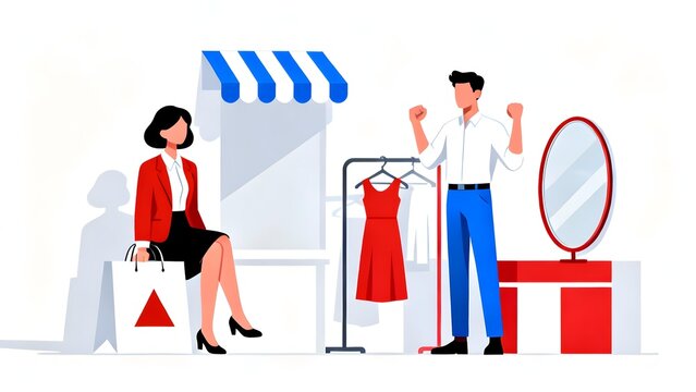 A woman sits with shopping bags while a man tries on clothes in a boutique, featuring a red dress on a rack and a mirror.