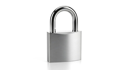 Naklejka premium A shiny silver padlock with its shackle closed, isolated on a white background.