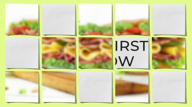 Sticky notes animation with sandwich reveal showing be first to know message. Concept of product teaser, fast food promotion, launch announcement and creative stop motion advertising.