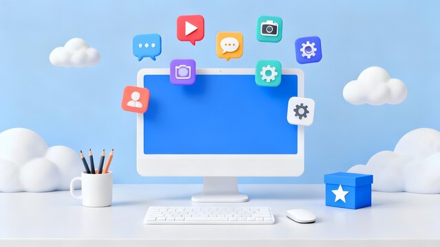 Desktop computer with floating app icons and office supplies on a clean desk against a blue sky background