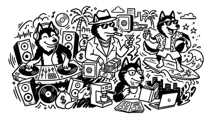 Black and White Line Art of Huskies Enjoying Wealthy Lifestyle © Wagiman Studio