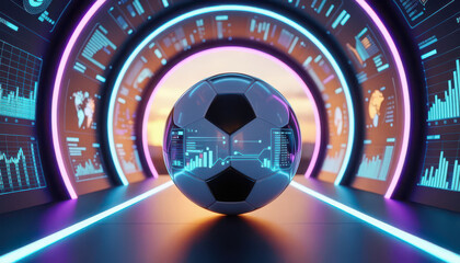 Obraz premium The soccer ball sits centrally in a high-tech tunnel designed with digital displays. The scene combines elements of soccer and technology in a visually engaging manner.