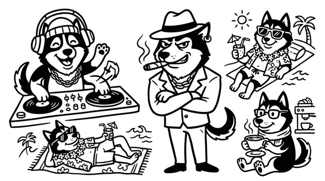 Black  White Line Art Husky Dogs in Various Activities