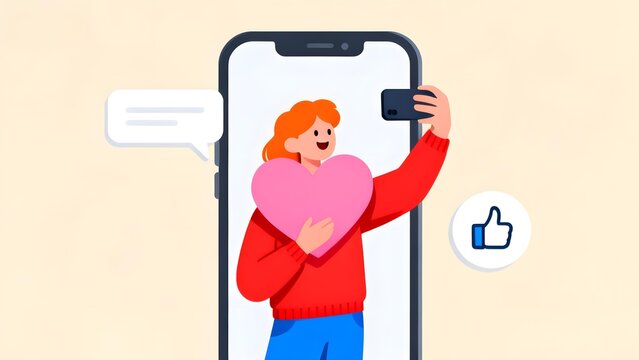 A person taking a selfie with a heart while using a smartphone, showing social media interaction with a like button and speech bubble.