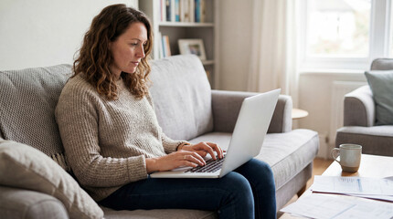 Fototapeta premium Woman working on laptop while sitting on couch in cozy living room 