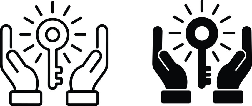 Hands holding a glowing key icon in two styles Keywords: key, hands, holding, offering