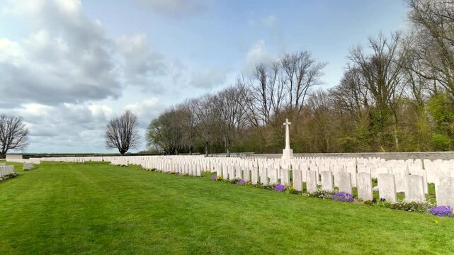 Vimy Canadian cemetery panning showing aligned headstone in a WW1 memorial landscape in Artois, Hauts de France. 60fps.