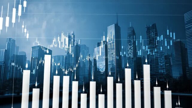 Modern City Skyline with Financial Graph and Data Analysis Background