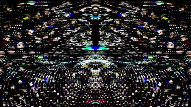 Abstract digital data stream with symmetrical light patterns and futuristic glitch effects, depicting an intricate network of interconnected information in a dark, technological landscape