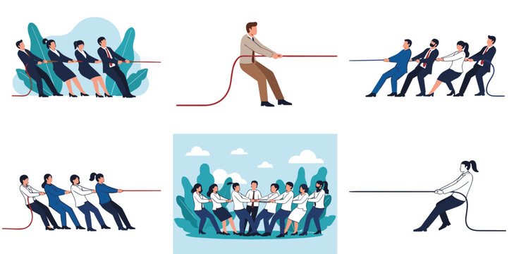 Business team tug of war competition vector illustration set with corporate people pulling rope teamwork rivalry and leadership concept scenes
