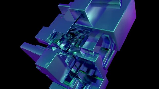メタリックな立方体がノイジーに動く、4K画質の背景透過素材
