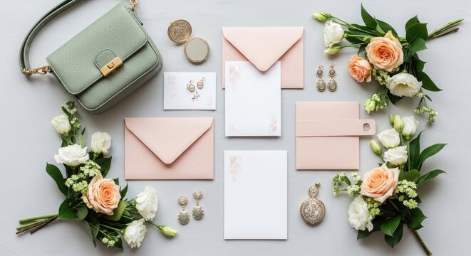 Elegant wedding stationery flat lay with flowers and accessories